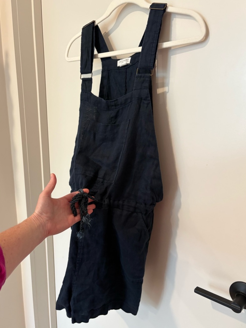 Linen Overall Romper One Piece Adjustable Navy Blue Front Pocket Drawstring M - Picture 4 of 10
